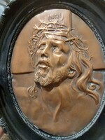 Antik réz Krisztus relief / dombormű korabeli keretben