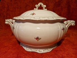 Zsolnay, aranyozott, tollazott, mezei virágos, porcelán levesestál, hibátlan