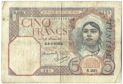 5 frank francs 1939 Algéria Tunézia Tunisie felülbélyegzéssel