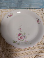 Zsolnay szép szellőrózsás, virágos porcelán torta tál, süteményes kínáló, piros csíkkal a szélén