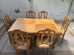 Neobarokk stílusú bővíthető tölgyfa étkező / tárgyaló asztal hat db székkel