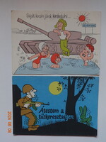 Két humoros, grafikus katonai képeslap:  "Átestem a tűzkeresztségen + Saját köcsin járok" - Pusztai