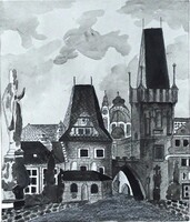 1Z945 A prágai Károly híd tornya - régi akvarellel színezett ceruzarajz 20 x 16.7 cm
