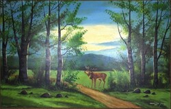 2A216 Merényi József : Szarvas az erdőszélen vadász jelenet 100 x 60 cm