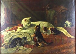 1Z969 Julius Adam után Galther Szilárd : Macskacsalád 70.5 x 50.5 cm