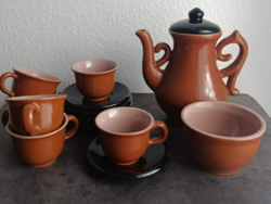 Barna-kék iparművészeti kerámia teás/kávés készlet, vintage lakásdekoráció