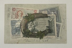 1902-es 100 Korona + 1900 és 1904 közötti korona bankjegyek képeslapon + Szerencse patkó