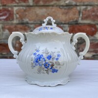 Zsolnay barokk stílusú kék virágos - nefelejcses - búzavirágos porcelán cukortartó