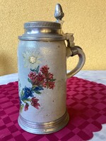 Antik ón fedeles szabadkőműves  kerámia söröskorsó 21 cm.