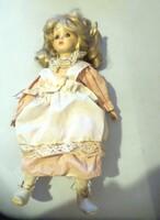 Régi antik porcelán baba 39 cm rózsaszín-fehér csíkos ruha fehér kötő