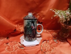 Kínai porcelán teás csésze szűrővel és tetővel