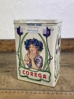 -AX397- Corega Tabs pléh doboz fémdoboz szecessziós stílus díszdoboz Mucha mintás női alak reklám