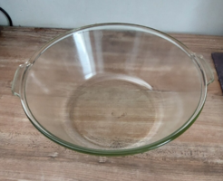 Nagy méretű 28,5 cm átmérő 10,5 cm magas , vastag üveg füles jénai tál, hőálló tálalótál