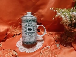 Kínai porcelán,  jázmin mintás teás csésze szűrővel és tetővel