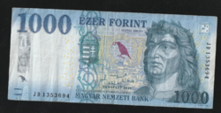 1000 Forint Forgalmi pénz, hátlapon nyomdahibával.