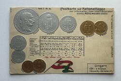 Ferenc József magyar korona pénzrendszer - Dombornyomott érmés képeslap / Nagy csúcsos zászló