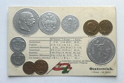 Ferenc József osztrák korona pénzrendszer + Jubileumi 5 Korona - Dombornyomott érmés képeslap