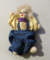 Régi antik porcelán fejű bohóc baba 13 cm kék kockás nadrág lila nyakkendő