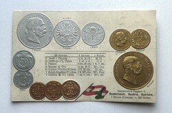 Ferenc József osztrák korona pénzrendszer + Arany 100 Korona - Dombornyomott érmés képeslap