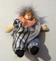 Régi antik porcelán fejű bohóc baba 14 cm szürke overall