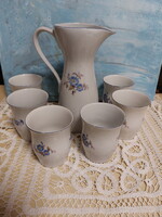 Hollóházi szép, kék virágos porcelán kancsó, 6db pohárral