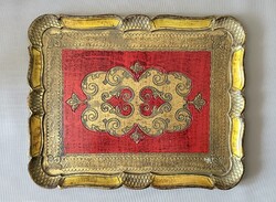 Vintage Olasz Firenzei Tálca – Kézzel aranyozott, fa kínáló (40x32 cm)