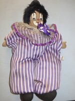 Régi antik  bohóc baba 36 cm lila fehér csíkos overall