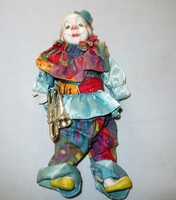 Régi antik porcelán zenész cirkuszi bohóc baba 22 cm trombitával