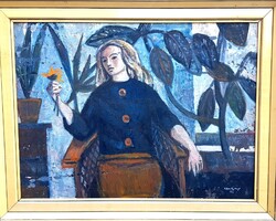 Szentgyörgyi Kornél- Nő virággal 1963 Képcsarnok olajfestmény 80x60cm