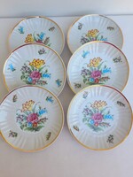 Hollóházi virágmintás aranyszegélyes porcelán süteményes tányérok