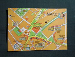 Képeslap,Makó,csárda,presszó,könyvtár,mozi,autóbusz állomás,grafikai,térképes, 1972-