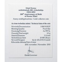Magyarország,5000 forint 2010 P - Erkel Ferenc - Arany - Certifikáció