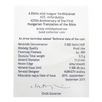 Magyarország,5000 forint 2015 - Biblia - Arany - Certifikáció