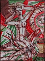 2A155 Józsa János (1936-2016): Európa elrablása - tus, akvarell, papír 38 cm x 27,5 cm