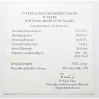 Magyarország,75 forint 1999 - Magyar Nemzeti Bank - Certifikáció