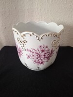 ARANYOZOTT, LILA VIRÁGOS HOLLÓHÁZI PORCELÁN JELZETT VIRÁG KASPÓ 17 x 15 CM