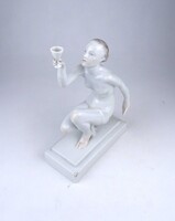 2A097 Gondos József : Régi Herendi porcelán figura kelyhet tartó térdelő nő 22.6 cm