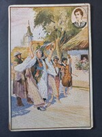 Petőfi Sándor: A faluban utcahosszat – magyar népi jelenet, Fejes Gy. akvarell képeslap (1922)
