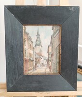 (K)  Szignózott régi utcarészlet festmény 32x38 cm kerettel
