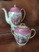Vintage porcelán kancsó és fedeles edény, rózsaszín-arany díszítéssel