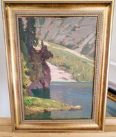 Prof. Hermann Göhler: Alpesi tó Pragser Wildsee; Eredeti, jelzett olajfestmény 32x42 cm kerettel