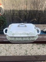 Szecessziós stílusú, zöld mintás, fedeles porcelán kínálótál, leveses tál.