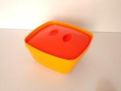 Magyar retro nosztalgia: sárga narancs fedeles műanyag tároló konyhai edény Melotoys 70-es évek 14cm