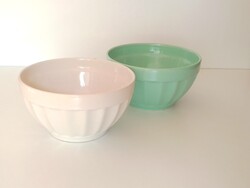 Retro türkiz zöld és fehér mázas bordás kerámia tálka pár müzlis reggeliző tál 60-as évek 14 cm