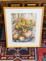 SZILVÁSY MARGIT VIRÁGCSENDÉLET ALMÁKKAL, AKVARELL FESTMÉNY SÁRGA KERETBEN 45 X 35 CM