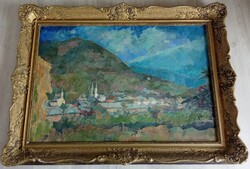 Nagy Oszkár (1883-1965) olajfestmény, Baia Sprie-Mittelstadt-Felsőbánya látképe 1957-ből