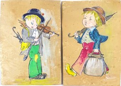 2A188 Kalapos gyerekek - akvarell kép pár 31 x 21 cm
