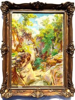 Ferenczy Valér - Pihenő az erdei pataknál olajfestmény 70x50cm