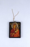 2A183 Szűz Mária a kis Jézussal - bronz veretes ikon másolat fatáblán 8.8 x 6.4 cm
