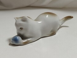 Zsolnay porcelán Sinkó András kék labdával játszó cica - hibátlan